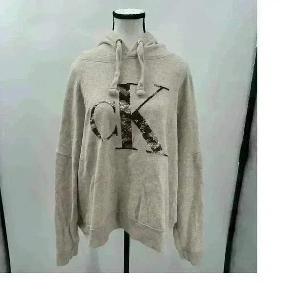 Calvin Klein Jeans Women's Pullover Hooded Sweater - 3X - Light Pink Sequin Logo - Picture 1 of 4
